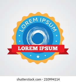 abstract circle vintage badge, label icon. Blue with red ribbon 