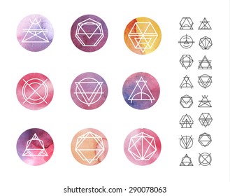Abstract circle watercolor Patterns Set with Hipster Style Icons for Logo Design. Line Retro Signs for Logotypes and Business Cards.
