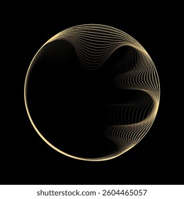 Abstract circle wave lines, gradient light equalizer gold wavy curve. Round frame in luxury golden color isolated on black background. Editable stroke. Vector illustration with copy space
