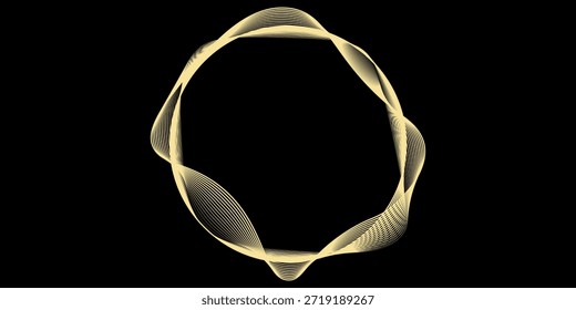 Abstract circle wave lines, gradient light equalizer gold wavy curve. Round frame in luxury golden color isolated on black background. Editable stroke. Vector illustration with copy space