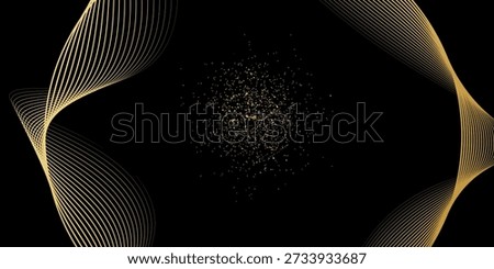 Abstract circle wave lines, gradient light equalizer gold wavy curve. Round frame in luxury golden color isolated on black background. Editable stroke. Vector illustration with copy space
