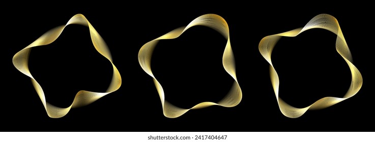 Abstract circle wave pattern. Vector round lines design on black background. Three curved shapes or circular rings for spiral frame on music album cover.