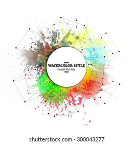Abstract circle white banner with place for text. Colorful background with watercolor stains and molecular geometric grid, vector pattern.