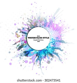 Abstract circle white banner with place for text and watercolor stains. Colorful background, business vector pattern for your design.