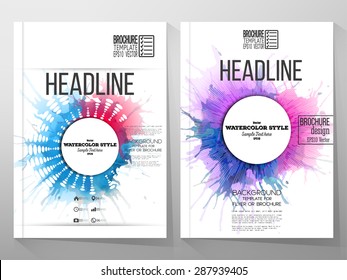 Abstract circle white banners with place for text, watercolor stains and vintage style star burst. Business vector templates for brochure, flyer or booklet.