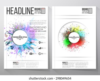 Abstract circle white banners with place for text, watercolor stains and molecular geometric grid.  Business vector templates for brochure, flyer or booklet.