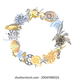 Abstract circle wreath of mechanical metal sea creatures. Sea horses, fish, turtle, starfish, shell, seaweed, gear wheels. Steampunk style. Cartoon design. Vector illustration.