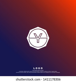 abstract circle Y logo letter with line design concept. geometric octagonal stamp logotype. octagon business symbol. technology logo letter with purple and orange background color vector illustration