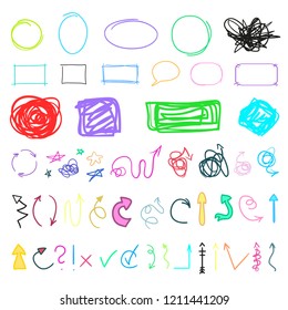 Abstract circles, arrows and rectangles. Multicolored infographic elements isolated on white. Set of different indicator signs. Hand drawn simple objects. Right and left direction pointers