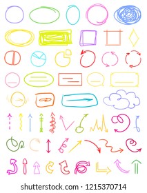 Abstract circles, arrows and rectangles. Multicolored infographic elements isolated on white. Set of different indicator signs. Hand drawn simple objects. Right and left direction pointers