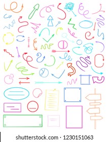 Abstract circles, arrows and rectangles. Multicolored infographic elements isolated on white. Set of different indicator signs. Hand drawn simple objects. Right and left direction pointers