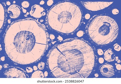 Abstract circles background with pink and blue. Eco modern ree rings art from cut wood slice background.
