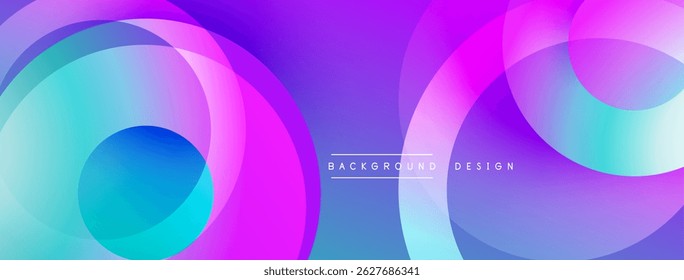 Abstract circles blend vibrant purple, blue hues. Modern design features overlapping shapes, gradient effects. Minimalist text present.