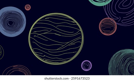 Abstract circles dark background. Different shapes colors patterns. Perfect presentations web design. Minimalist art top view vector illustration.