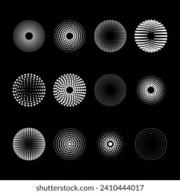Abstract circles from dots fading to the center. Set of point spray or brush vector objects on a black background.