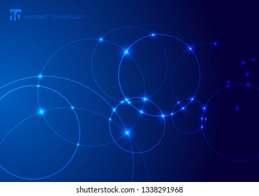 Abstract circles and dots with overlapping on blue background technology style. Future concept. Node molecule structure. Science and connection. banner web with copy space for text. Vector