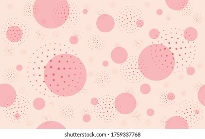 Abstract circles and dots pattern, dark pink color, on light pink background, isolated, stock vector illustration, for design decoration, print, fabric, packaging, banner, poster, card