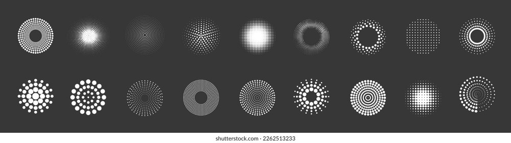 Abstract circles with dots texture. White round dotted frames set isolated on black background. Spotted spray or brush. Vector design element