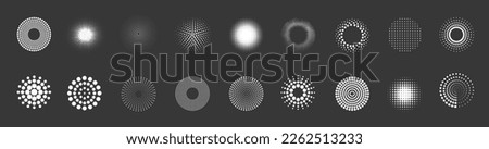 Abstract circles with dots texture. White round dotted frames set isolated on black background. Spotted spray or brush. Vector design element