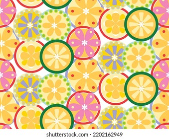 Abstract Circles Florals Geometric Retro Doodle Style Minimal Seamless Pattern Sweet Trendy Fashion Colors Perfect for Allover Fabric Print or Wrapping Paper Yellow Pink Green Tones