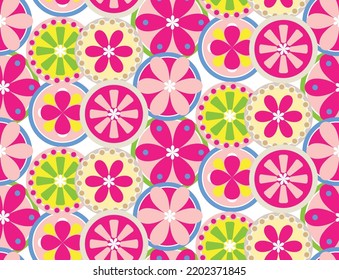 Abstract Circles Florals Geometric Retro Doodle Style Minimal Seamless Pattern Sweet Trendy Fashion Colors Perfect for Allover Fabric Print or Wrapping Paper Fuchsia Pastel Pink Green Tones