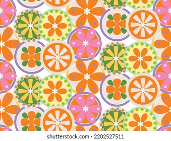Abstract Circles Florals Geometric Retro Doodle Style Minimal Seamless Pattern Sweet Trendy Fashion Colors Perfect for Allover Fabric Print or Wrapping Paper Orange Green Pink Tones