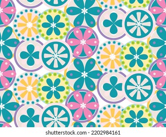 Abstract Circles Florals Geometric Retro Doodle Style Minimal Seamless Pattern Sweet Trendy Fashion Colors Perfect for Allover Fabric Print or Wrapping Paper Tiffany Blue Pink Yellow Tones