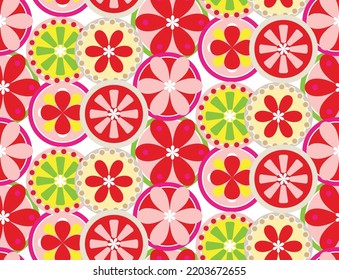 Abstract Circles Florals Geometric Retro Doodle Style Minimal Seamless Pattern Sweet Trendy Fashion Colors Perfect for Allover Fabric Print or Wrapping Paper Red Pastel Pink Green Tones