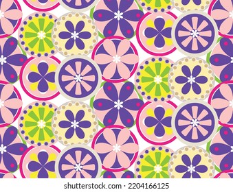 Abstract Circles Florals Geometric Retro Doodle Style Minimal Seamless Pattern Sweet Trendy Fashion Colors Perfect for Allover Fabric Print or Wrapping Paper Electric Purple Pastel Pink Green Tones