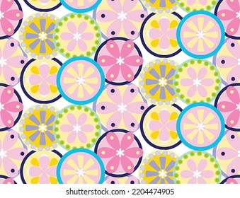 Abstract Circles Florals Geometric Retro Doodle Style Minimal Seamless Pattern Sweet Trendy Fashion Colors Perfect for Allover Fabric Print or Wrapping Paper Pastel Pink Blue Tones