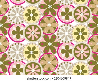 Abstract Circles Florals Geometric Retro Doodle Style Minimal Seamless Pattern Sweet Trendy Fashion Colors Perfect for Allover Fabric Print or Wrapping Paper Olive Green Fuchsia Beige Tones