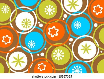 Abstract circles and flowers pattern on a brown background.