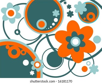 Abstract circles and flowers pattern on a white background.