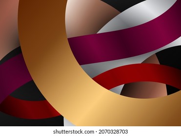 Resumen de círculos líneas geométricas color de gradiente metálico que se solapa sobre fondo negro. Ilustración gráfica del vector