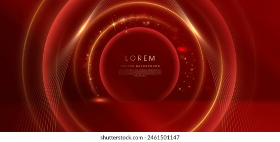 Abstract circles gold shape on red background with lighting effect and copy space for text. Luxury design style. Vector illustration