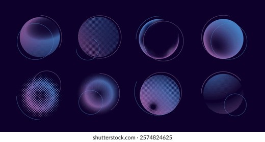 Abstract circles with gradient colors, featuring purple and blue hues. These circles, with gradient effects, create a modern, abstract design with a digital feel. Graphic vector illustration set.