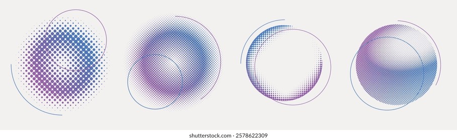 Abstract circles with gradient dots in purple and blue. Circular patterns, gradient dots, and abstract circles create a modern, artistic design. Graphic element vector illustration set.