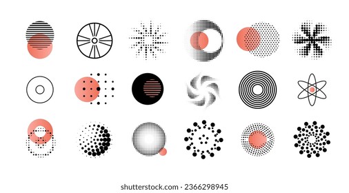 Abstract circles. Halftone geometric design patterns, gradation for logo or icon, graphic halftones. Logotype template. Shadow gradient decorative effects, vector emblems, exact elements