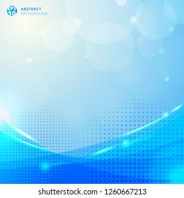 Abstract circles and halftone with lighting effect and bokeh on blue background. Vector illustration