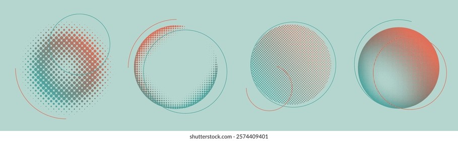 Abstract circles with halftone patterns. Circular designs with dots and halftone effects. Modern abstract circles with gradient halftone patterns. Graphic element vector illustration set.