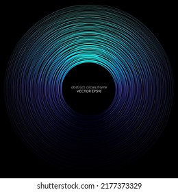 abstract circles line wave expand pattern border frame by gradient blue green light isolated on black background.