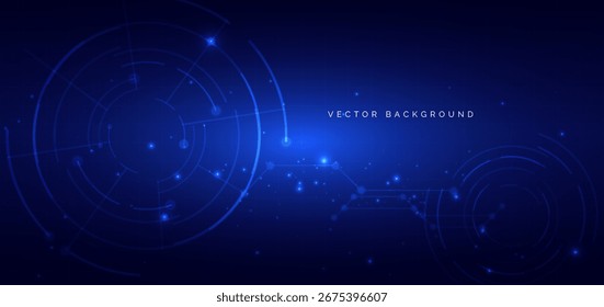 Abstract circles lines glowing with lightin effect on dark blue background. Technology futuristic connection data communication concept. Vector illustration