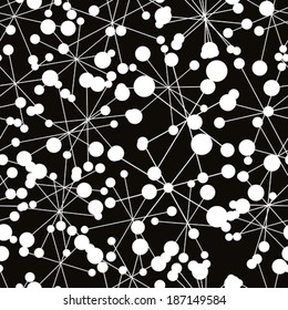 Abstract circles and lines seamless pattern, black and white vector background.