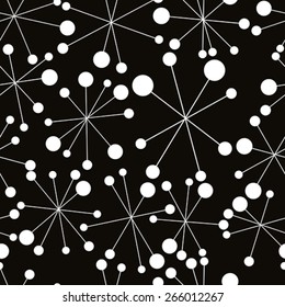 Abstract circles and lines seamless pattern, black and white vector background.