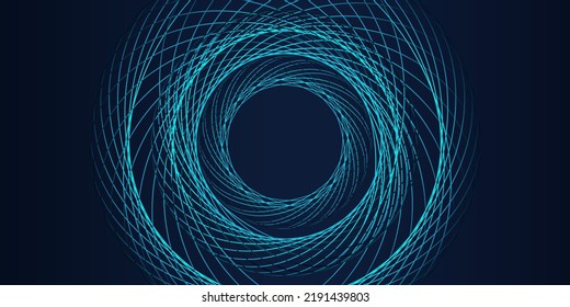 Abstract circles lines, spiral pattern, colorful round frame blue green light isolated on dark blue background. Vector illustration template for concept digital, modern science, AI technology.