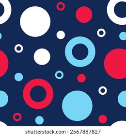 Abstract circles, loops for seamless background. Polka dot print for trendy fabric, modern textile, fashion cover design, cases. Dark blue geometric pattern is easy to repaint, change color.