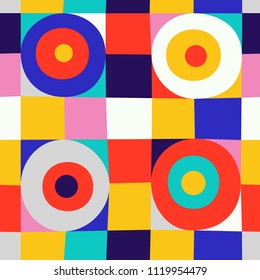 Abstract circles on square seamless pattern. Colorful background