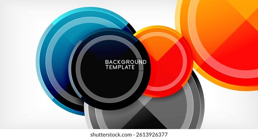 Abstract circles overlap, creating dynamic visual effect. Bright colorsblue, orange, gray, reddominate composition. Modern template suitable for backgrounds, presentations.
