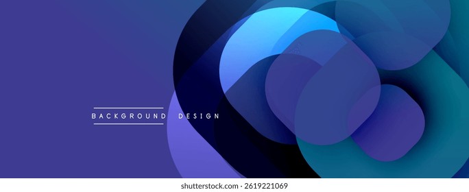 Abstract circles overlap, creating dynamic visual effect. Gradient shades of blue, purple dominate composition. Modern design element.