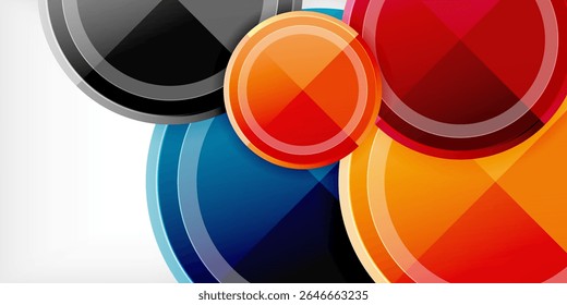 Círculos abstratos se sobrepõem, criando composição colorida dinâmica. Matizes brilhantes contrastam com o fundo escuro. Elementos de design modernos presentes.